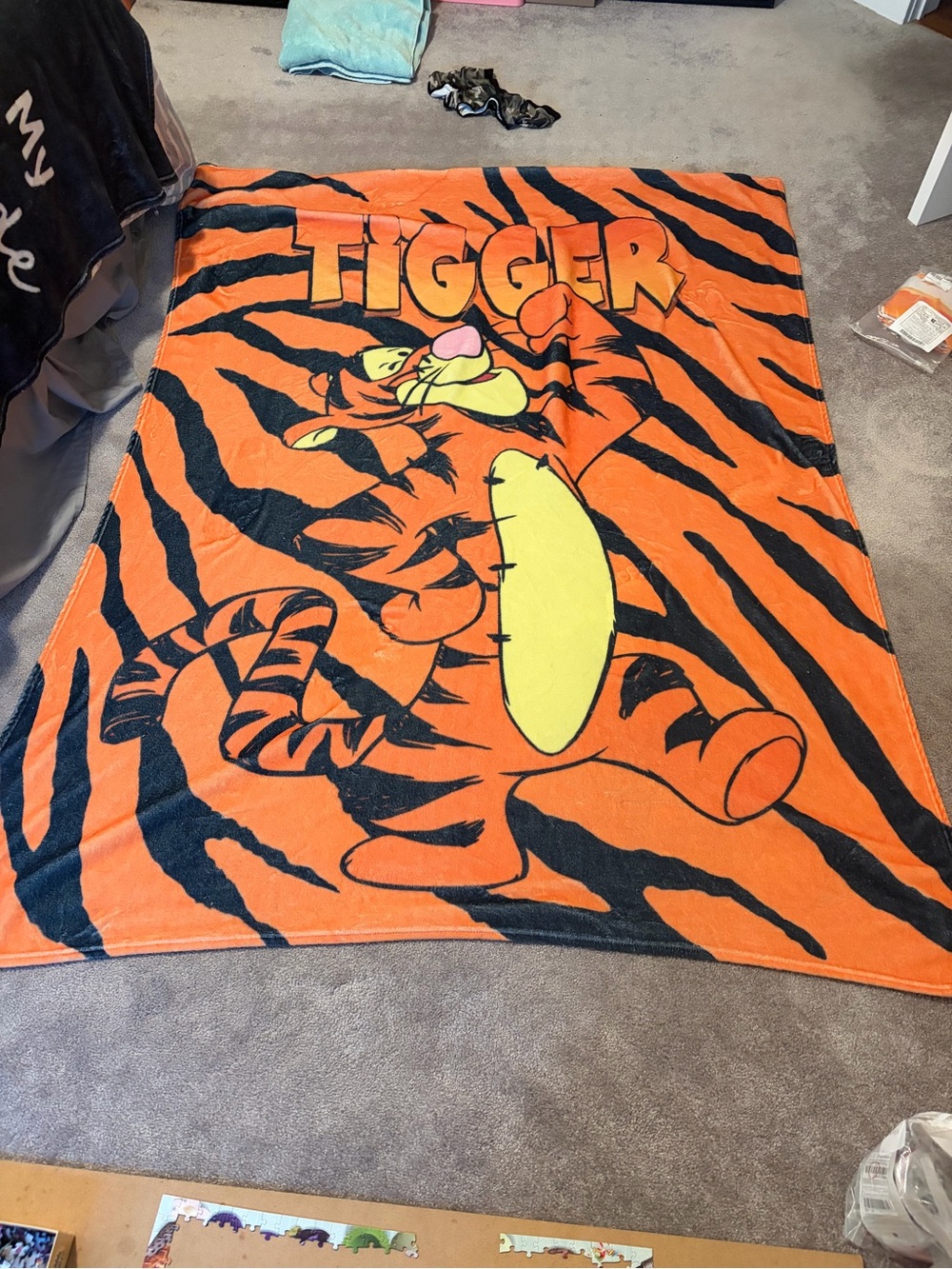 Disney Orange and Black Tigger Plush Throw Blanket with Yellow Accents